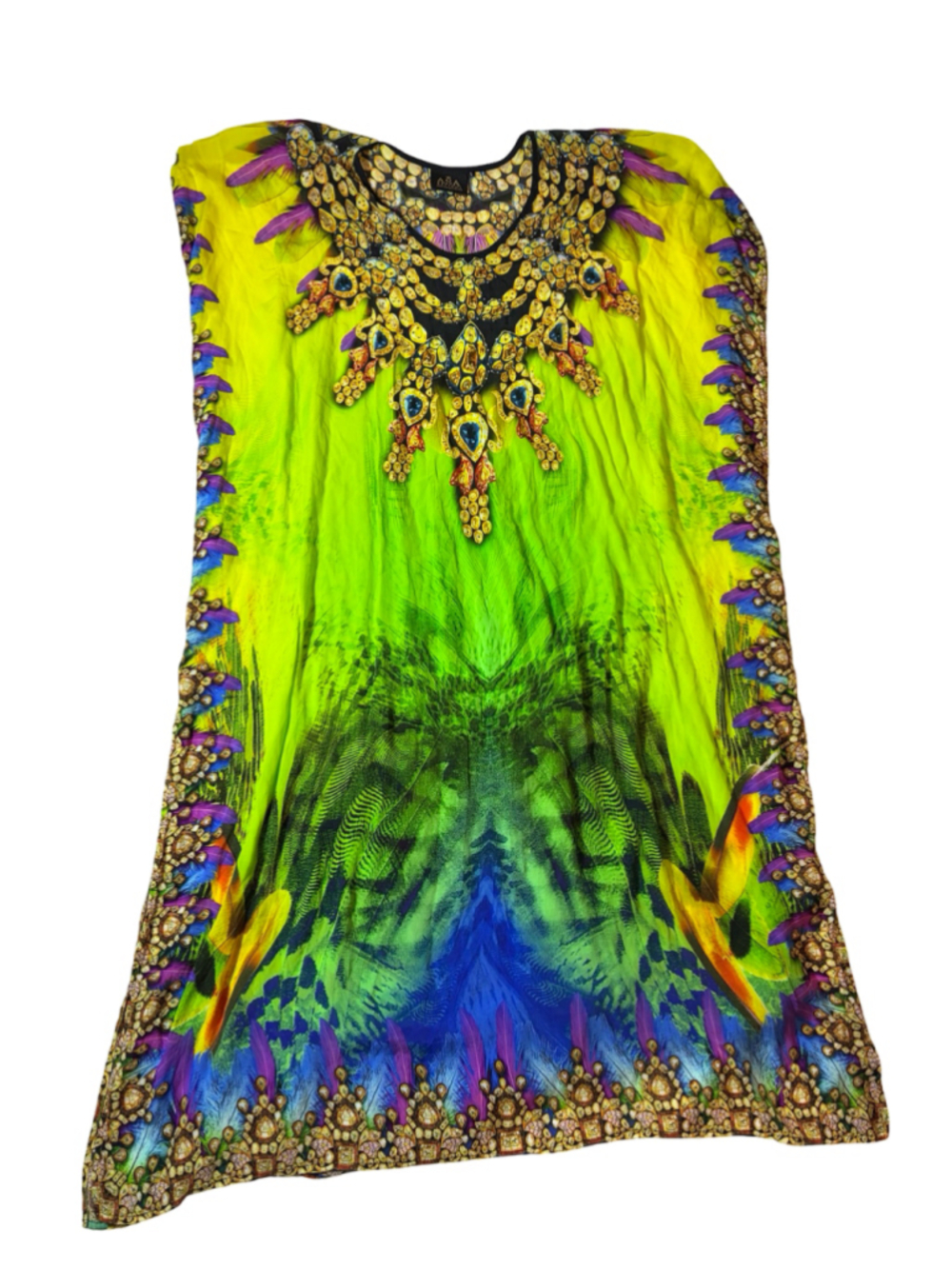 ASA Kaftans Neon Green Peacock Jewel Print Rhinestone Maxi Dress Small